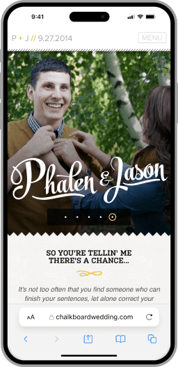 A mobile phone rendering of the top portion of a website that shows a girl helping her fiance tighten his tie.