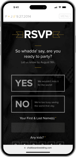 A mobile phone rendering of a website with the RSVP form on a dark background in view.