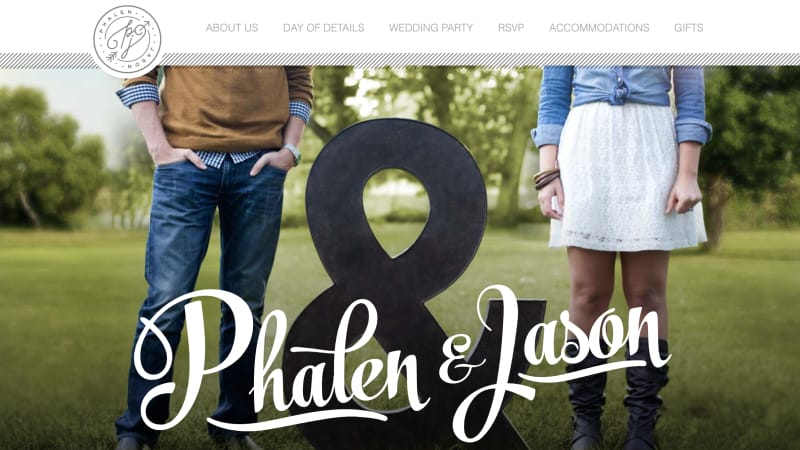 The top portion of a website displaying a young couple between a large metal ampersand sign artistically cropped to only show their wardrobe.