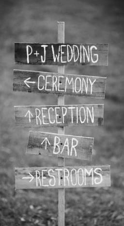 Black and white image of a rustic wooden sign depecting directions to various wedding-day points of interest.