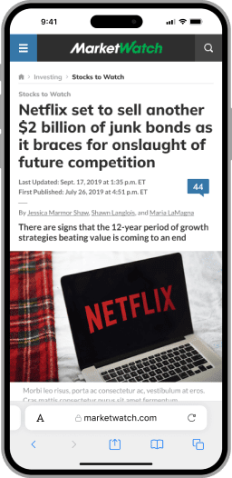 A mobile presentation of the MarketWatch artcle page with a large image of a laptop computer with the Netflix logo being displayed on the screen underneath a relevant headline.
