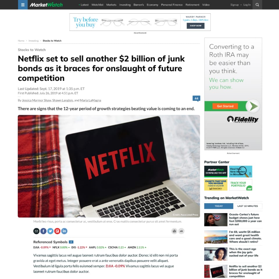 A desktop presentation of the MarketWatch artcle page with a large image of a laptop computer with the Netflix logo being displayed on the screen underneath a relevant headline.