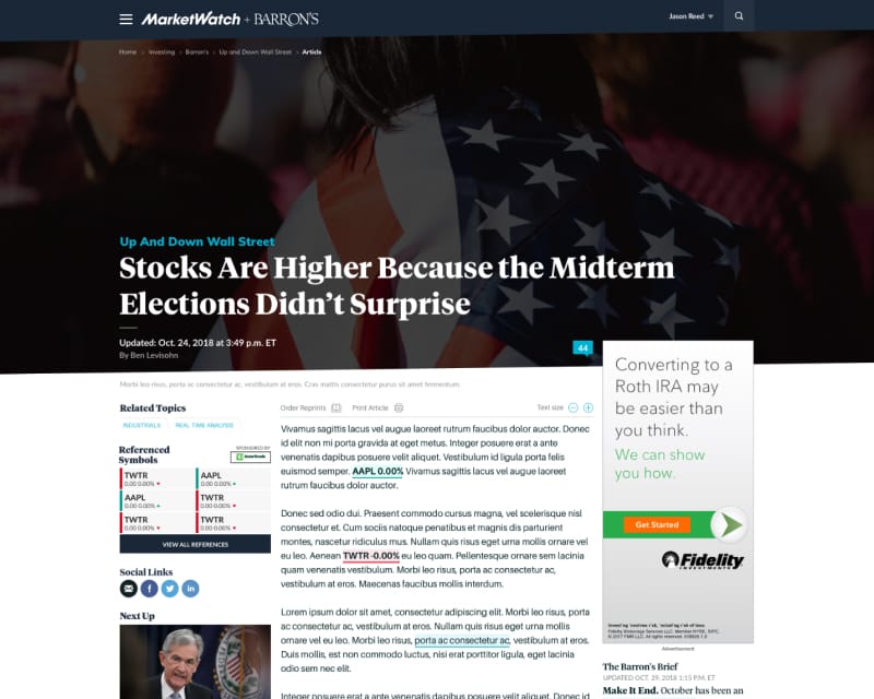 A verion of the MarketWatch article page that incorporates brand guidelines from Barron's website, including a headline in a serif font overlayed on a stylized skewed image of someone wearing an American flag.