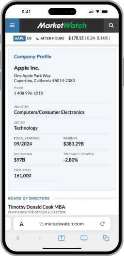 A snapshot of how Apple Inc. company information is displayed for people viewing the data from their phone.