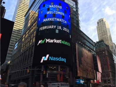 The same MarketWatch logo being displayed on the large  Nasdaq video screen in Times Square.