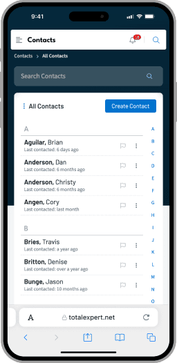 A mobile rendering of a alphabetized contact list that is prepended by a search input field.