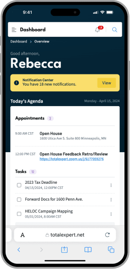 The mobile version of a dashboard for a customer relationship management platform with a collection of items on an agenda including appointments and tasks below a yellow notification bar.