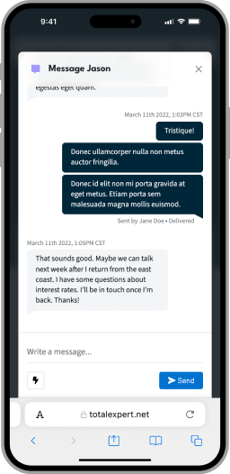 The display of a conversation being held with one of the contacts a user would have within the mobile CRM tool.