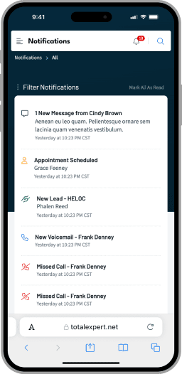 A collection of application notifications directly attributed to your account such as new messages and missed calls.